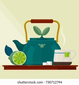 Tea time.Card with a Cup of Tea, Kettle and Lemon.Isolated vector objects.