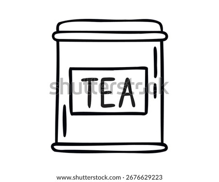 Tea tin canister line art outline, monochrome hand drawn. Vector illustration.