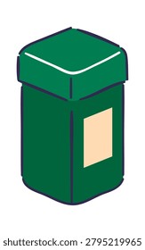 Tea tin canister with square lid and blank label in bold outline, hand-drawn cartoon style. Symbol of storage, freshness, pantry organization, and packaging branding. Cartoon vector illustration.