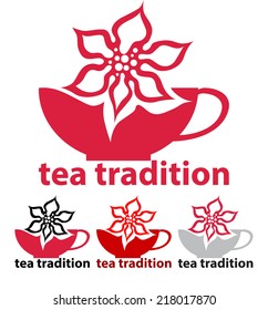 Tea tradition. Brew tea with fragrant flowers. Vector sign.