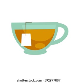 Tea in traditional glass cup isolated on white. Vector illustration in flat design of non alcoholic beverage and paper package to make sealing brew. Teatime template picture of herbal drink