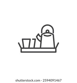 Tea Tray line icon. linear style sign for mobile concept and web design. A wooden tray with teapot and cup outline vector icon. Symbol, logo illustration. Vector graphics