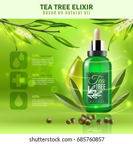 Tea tree elixir based on natural oil background with text field realistic vector illustration 