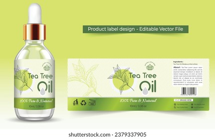 Tea tree essential oil label design, Realistic glass bottle with dropper for tea tree oil with mockup. Cosmetic essential tea tree oil for beauty care, product transparent label editable vector file