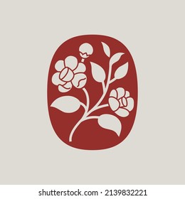 Diseño de un árbol de té y un símbolo vectorial de flores estilo antiguo de estampado japonés