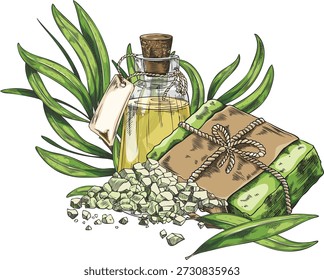 Folhas verdes de árvore de chá, suplementos, sabão e esboço de jarro de óleo essencial. Ilustração vetorial desenhada à mão botânica. Erva essencial, planta de aroma medicinal. Produtos orgânicos cosméticos e bebidas à base de chá