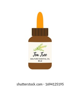 Tea tree (Malaleuca) essential oil in the amber glass bottle. Vector illustration isolated on white. 