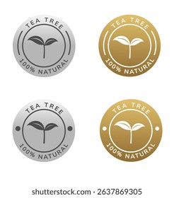 tea tree natural oil circle seal silver and gold color. natural ingredient for cosmetic or beauty product.