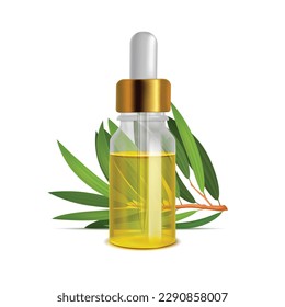 Tea Tree Oil Bottle with Leaves. Tea Tree Realistic Elements for Banners Advertisement Fliers Posters. Vector Isolated Illustration