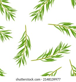 Tea tree seamless pattern. Botanical background with Melaleuca alternifolia green leaves. Vector illustration of branches of medicinal herbs in cartoon flat style.