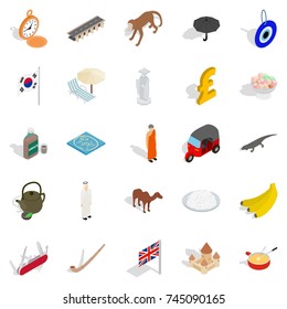 Tea trip icons set. Isometric set of 25 tea trip vector icons for web isolated on white background