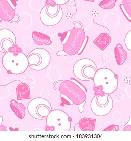 Tea for two mice seamless pattern on a pink background.