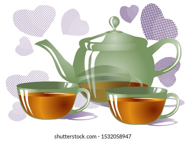 tea for two. teapot and cups on background with hearts