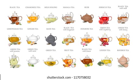 Tea types set. Kettle or teapot with hot drink and ceramic cup. Green and black tea, lemongrass and chamomile drink. Isolated vector illustration