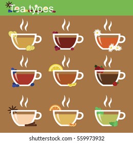 Tea types and tea supplements. Elements - ginger, raspberry, chamomile, blueberries, lemon, strawberry, cinnamon, orange and mint. Tea Infographic