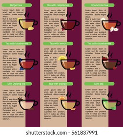 Tea types and tea supplements. Elements - ginger, raspberry, chamomile, blueberries, lemon, strawberry, cinnamon, orange and mint. Tea Infographic