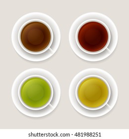 Tea types vector illustration. Black and red tea, green and yellow. Set of isolated cups, top view.