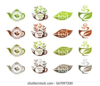 Tea types: white, black, oolong, green tags for package design. Labels collection.