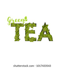 TEA typography design with abstract leaves, papercut shapes and ecology icons. Vector illustration. Colorful environment elements. Vector Design Eps10