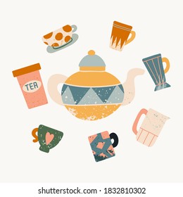Tea utensil illustration. Hand drawn textured colorful kitchen cartoon ceramic tableware, cute teapot, cup and mug and plate. Cartoon home or cafe pottery crockery in circle form flat vector poster