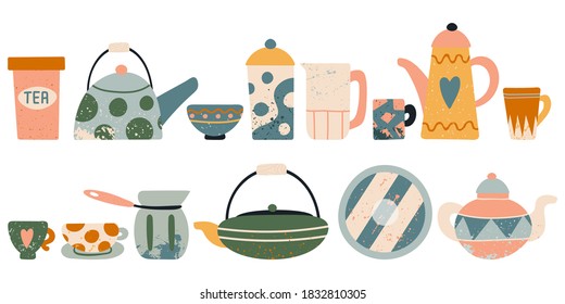Tea utensil set. Hand drawn textured colorful kitchen cartoon ceramic breakfast tableware, cute teapot, cup and mug, plate and bowl. Cartoon home or cafe pottery crockery flat vector big collection