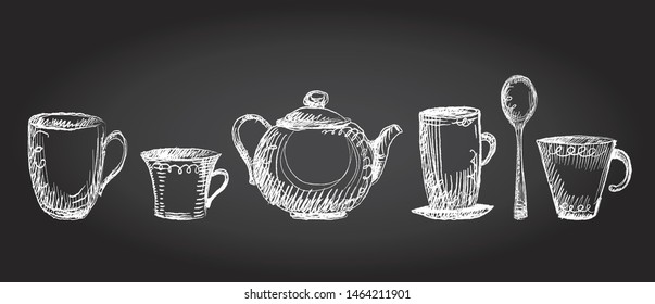 Tea utensils graphic set on a chalkboard, hand drawn sketch symbols, rough lines