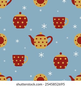 Tea utensils, mugs and teapots on a blue snowy background. Seamless pattern in flat style. Winter background for paper, gift wrap, textile, card, wallpaper.