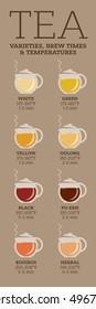 Tea varieties and brewing instructions. Steeping time and temperature. Types of tea in glass teapots. Infographic poster