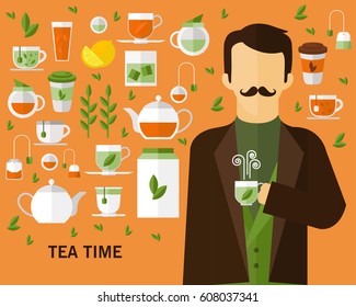 Tea varieties concept background. Flat icons. 