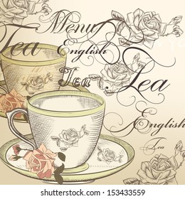 Tea  vector background with  cup  and roses on a beige  background