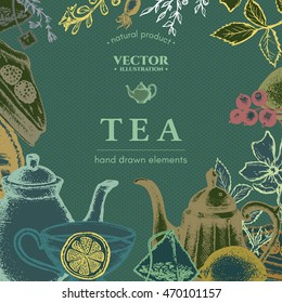 Tea vector card tea design hot tea hand drawn illustration. Tea decorative inking engraved background 