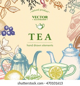 Tea vector card design, vintage tea elements. Time for tea template. 