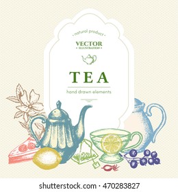 Tea vector card, tea elements design hand drawn illustration 