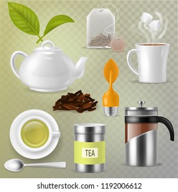 Tea vector drink herbal beverage with dry leaves in tea-cup and teapot or french presson teatime illustration set of mug or cup and tea caddy isolated on transparent background