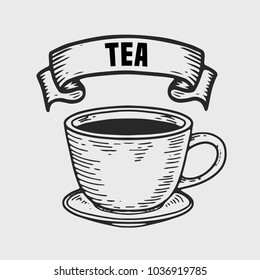 Tea vector engraving  label. Hand drawn engraved vector sketch etch illustration. Vintage ribbon
