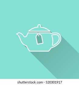 Tea vector icon with long shadow. White illustration isolated on green background for graphic and web design.