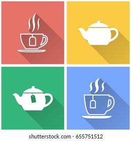 Tea vector icon with long shadow. White illustration isolated on color background for graphic and web design.