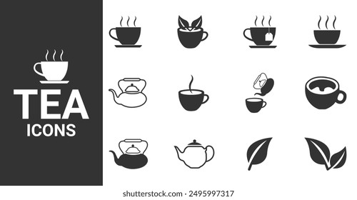 Conjunto de iconos de Vector de té. Conjunto de iconos de Web delgado mínimo de té y tetera.  Simple Ilustración vectorial. 