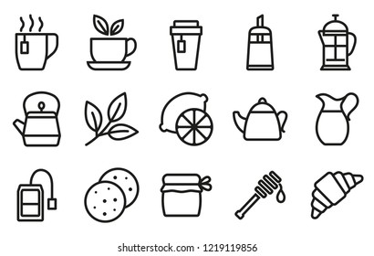 Tea vector icons set. Contains icons cup, tea, sugar, milk, croissant, cookies, tea leaves, jam, honey, lemon, teapot. 48x48 pixel