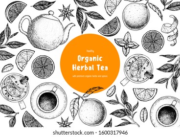 Tea vector illustration. Citrus and tea leaves. Healthy drink. Hand drawn sketch.  Engraved style. Can used for vintage package design with tea product. Vector hand drawn set.