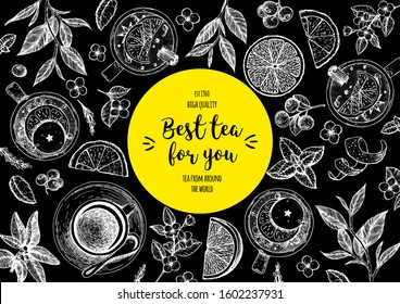 Tea vector illustration. Citrus and tea leaves. Healthy drink. Hand drawn sketch. Engraved style. Can used for vintage package design with tea product. Vector hand drawn set.