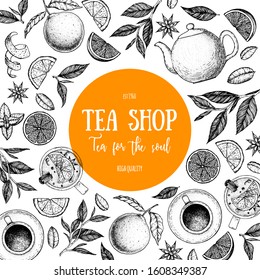 Tea vector illustration. Citrus and tea leaves. Healthy drink. Hand drawn sketch. Engraved style. Can used for vintage package design with tea product. Vector hand drawn set.