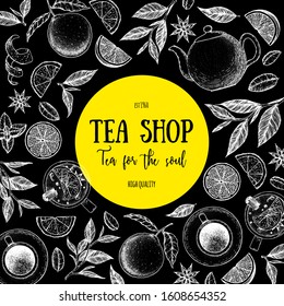 Tea vector illustration. Citrus and tea leaves. Healthy drink. Hand drawn sketch. Engraved style. Can used for vintage package design with tea product. Vector hand drawn set.