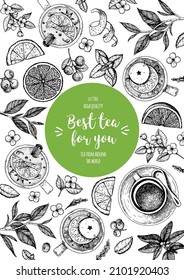 Tea vector illustration. Citrus and tea leaves. Healthy drink. Hand drawn sketch. Engraved style. Can used for vintage package design with tea product. Vector hand drawn set.