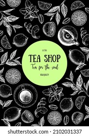 Tea vector illustration. Citrus and tea leaves. Healthy drink. Hand drawn sketch. Engraved style. Can used for vintage package design with tea product. Vector hand drawn set.