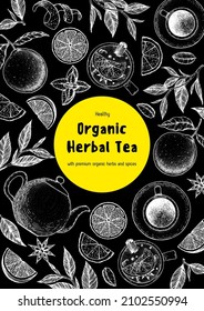 Tea vector illustration. Citrus and tea leaves. Healthy drink. Hand drawn sketch.  Engraved style. Can used for vintage package design with tea product. Vector hand drawn sketch