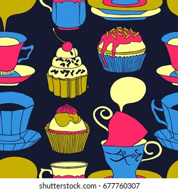 Tea vector illustration with cups, sweets, bakery. Freehand drawing, sketch