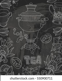 Tea. Vector illustration on a black background with the text and the samovar. 