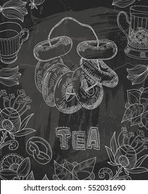 Tea. Vector illustration on a black background with the text. Freehand drawing with imitation of chalk sketch