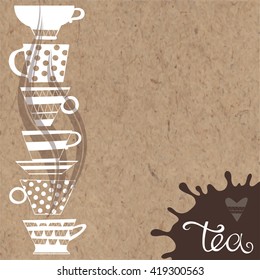Tea. Vector illustration of teacups, decorative elements and place for text on kraft background.